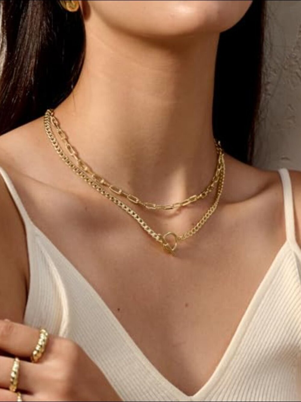 14K Yellow Gold Chain Necklac Layered Cuban Link Paperclip Toggle Clasp - Picture 4 of 5